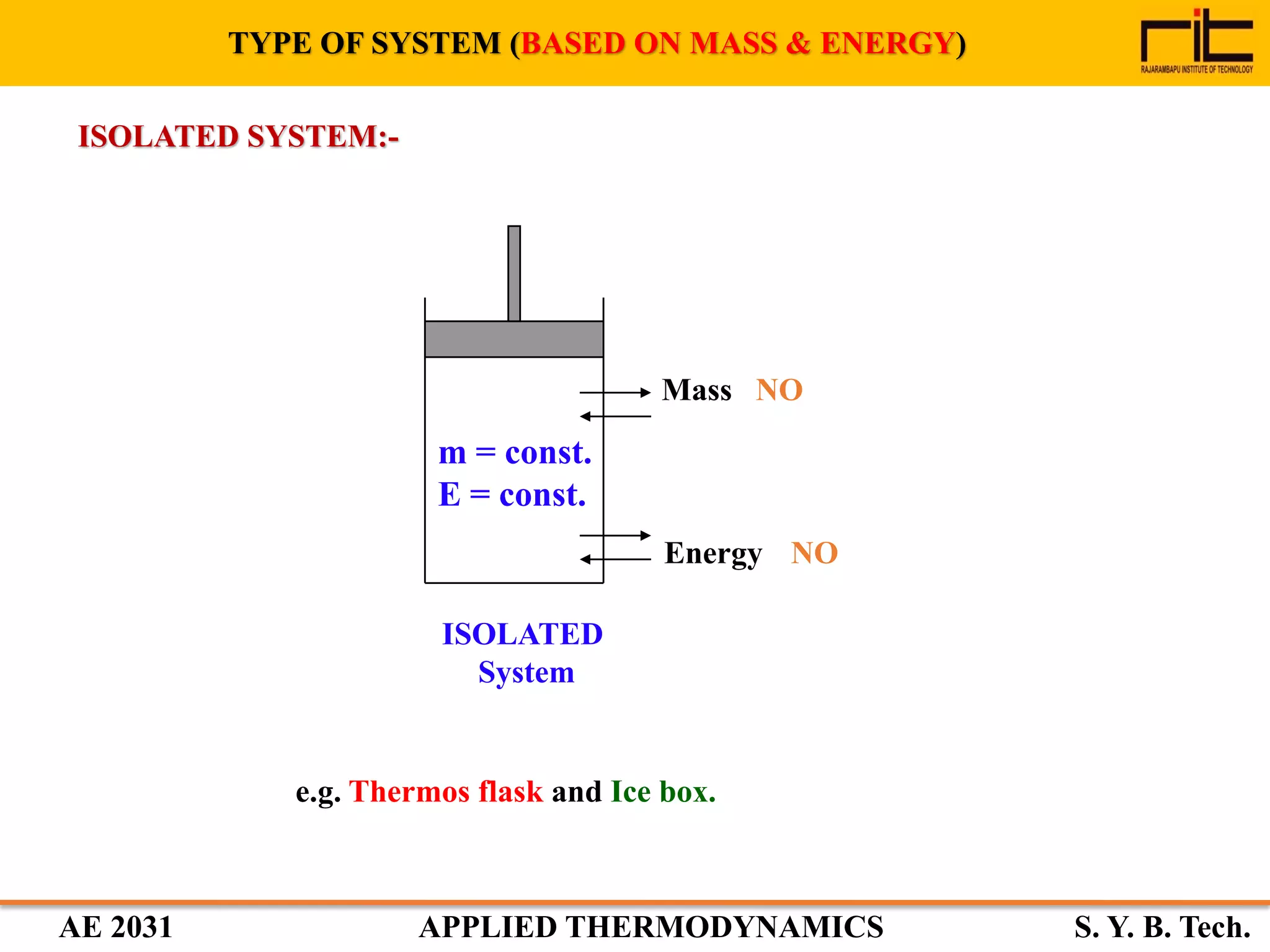 AE 2031 APPLIED THERMODYNAMICS S. Y. B. Tech.
ISOLATED SYSTEM:-
ISOLATED
System
m = const.
E = const.
Mass NO
Energy NO
e.g. Thermos flask and Ice box.
TYPE OF SYSTEM (BASED ON MASS & ENERGY)
 