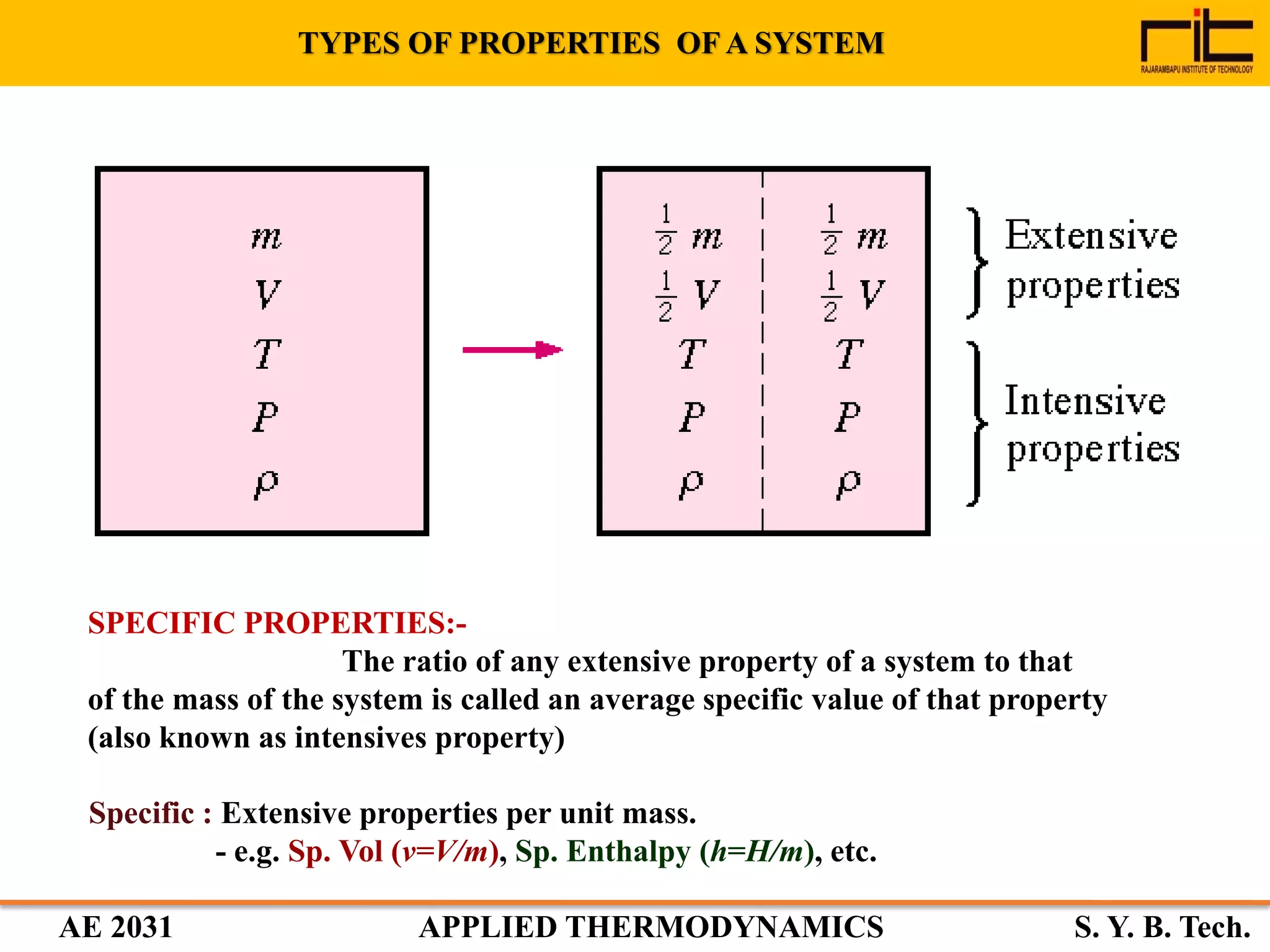 AE 2031 APPLIED THERMODYNAMICS S. Y. B. Tech.
TYPES OF PROPERTIES OF A SYSTEM
SPECIFIC PROPERTIES:-
The ratio of any extensive property of a system to that
of the mass of the system is called an average specific value of that property
(also known as intensives property)
Specific : Extensive properties per unit mass.
- e.g. Sp. Vol (v=V/m), Sp. Enthalpy (h=H/m), etc.
 