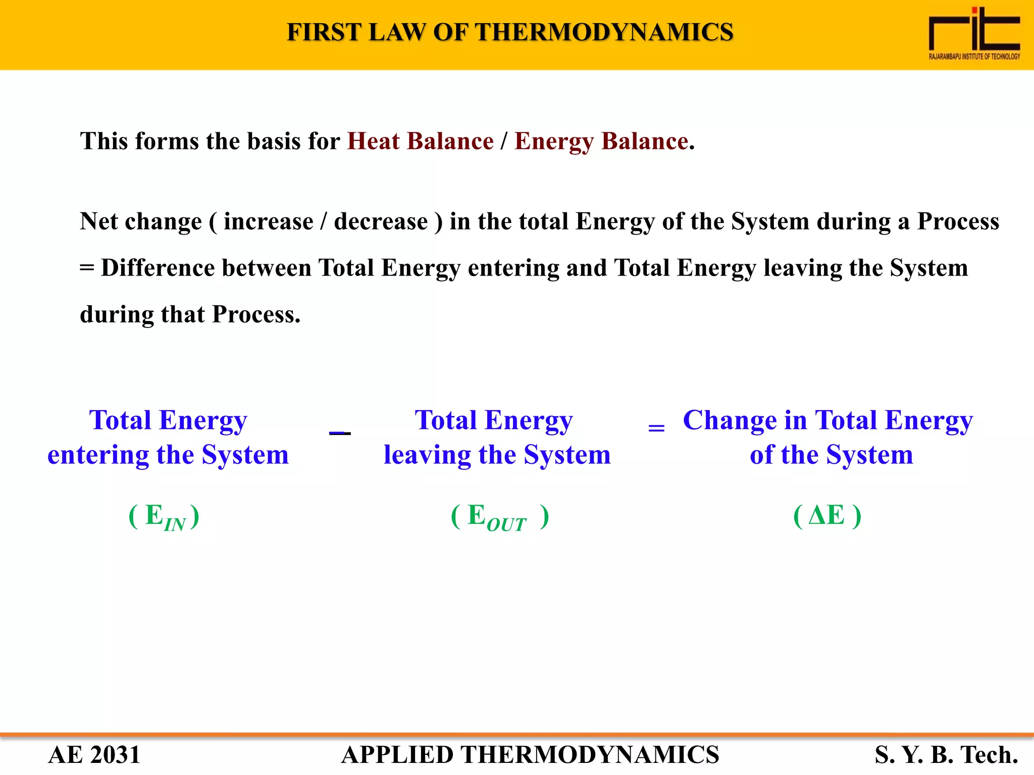 AE 2031 APPLIED THERMODYNAMICS S. Y. B. Tech.
This forms the basis for Heat Balance / Energy Balance.
Net change ( increase / decrease ) in the total Energy of the System during a Process
= Difference between Total Energy entering and Total Energy leaving the System
during that Process.
Total Energy
entering the System
Total Energy
leaving the System
= Change in Total Energy
of the System
( EIN ) ( EOUT ) ( ΔE )
_
FIRST LAW OF THERMODYNAMICS
 