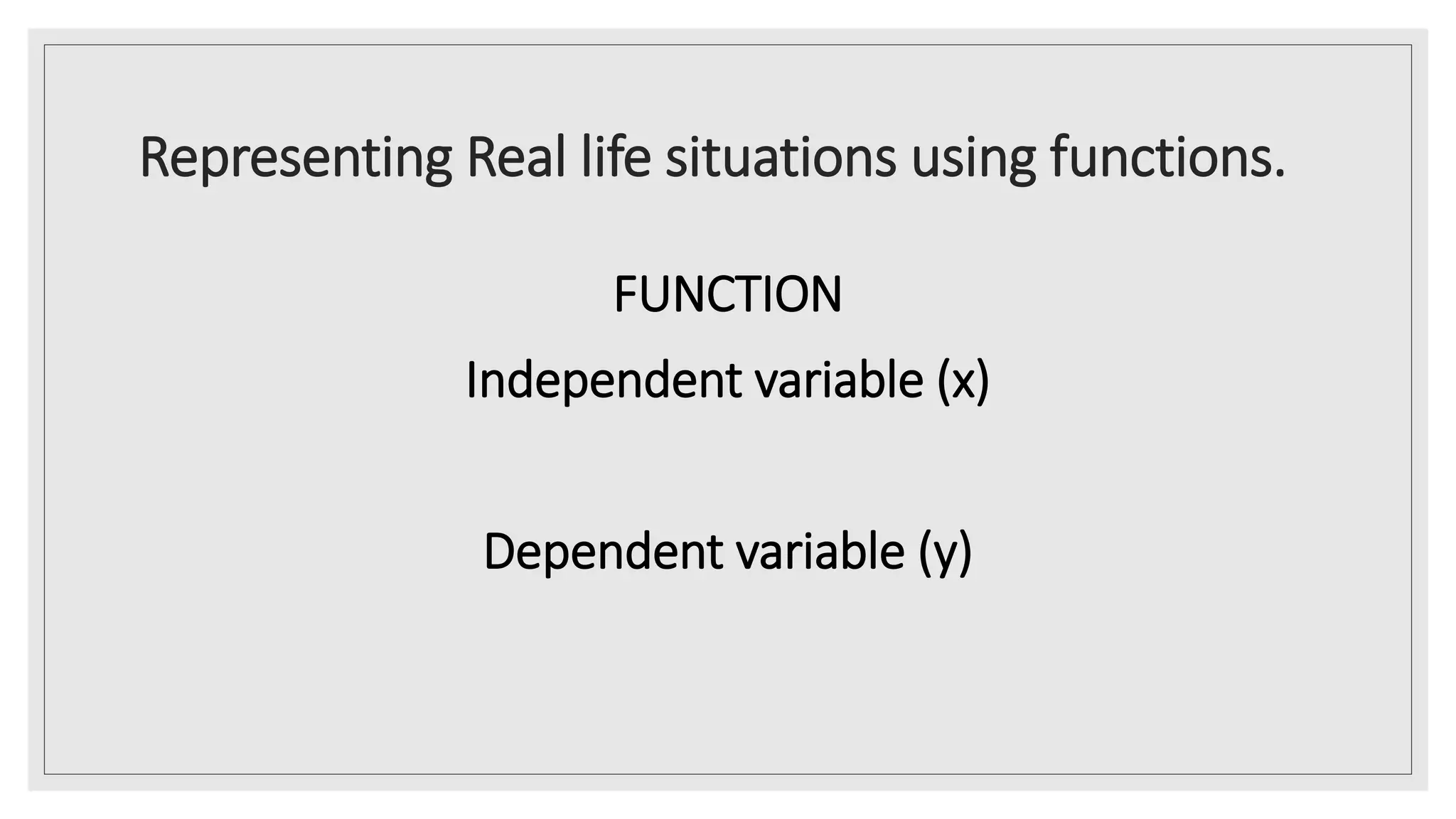 Representing Real life situations using functions.
FUNCTION
Independent variable (x)
Dependent variable (y)
 