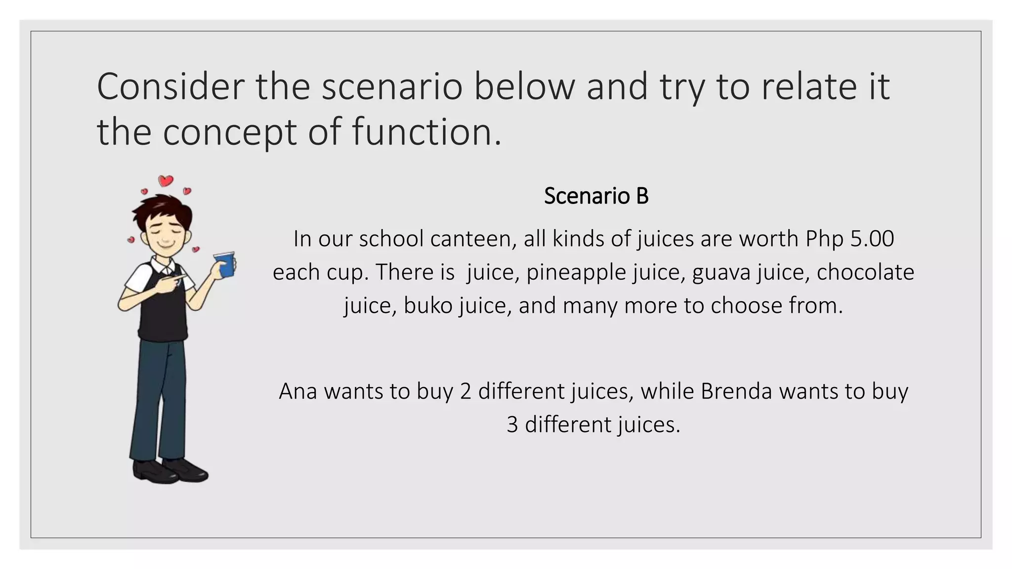 Consider the scenario below and try to relate it
the concept of function.
Scenario B
In our school canteen, all kinds of juices are worth Php 5.00
each cup. There is juice, pineapple juice, guava juice, chocolate
juice, buko juice, and many more to choose from.
Ana wants to buy 2 different juices, while Brenda wants to buy
3 different juices.
 