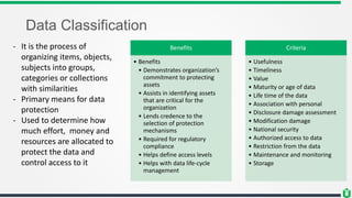 Data Classification
- It is the process of
organizing items, objects,
subjects into groups,
categories or collections
with similarities
- Primary means for data
protection
- Used to determine how
much effort, money and
resources are allocated to
protect the data and
control access to it
Benefits
• Benefits
• Demonstrates organization’s
commitment to protecting
assets
• Assists in identifying assets
that are critical for the
organization
• Lends credence to the
selection of protection
mechanisms
• Required for regulatory
compliance
• Helps define access levels
• Helps with data life-cycle
management
Criteria
• Usefulness
• Timeliness
• Value
• Maturity or age of data
• Life time of the data
• Association with personal
• Disclosure damage assessment
• Modification damage
• National security
• Authorized access to data
• Restriction from the data
• Maintenance and monitoring
• Storage
 