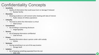 Confidentiality Concepts
• Sensitivity
• Quality of information that could cause harm or damage if released
• Nuclear facility
• Discretion
• Showing prudence or self-restraint when dealing with data of interest
• Public release of military operations
• Criticality
• The level to which the information is critical
• HIGH Critical
• Concealment
• Act of hiding or preventing disclosure
• Steganography
• Secrecy
• Act of keeping information confidential
• Coke formula
• Privacy
• Keeping information about a person under safe custody
• PII/PHI
• Seclusion
• Storing something in an out-of-the way location
• Storage Vault
• Isolation
• Act of keeping something separated from the rest
• DMZ, ODC
 