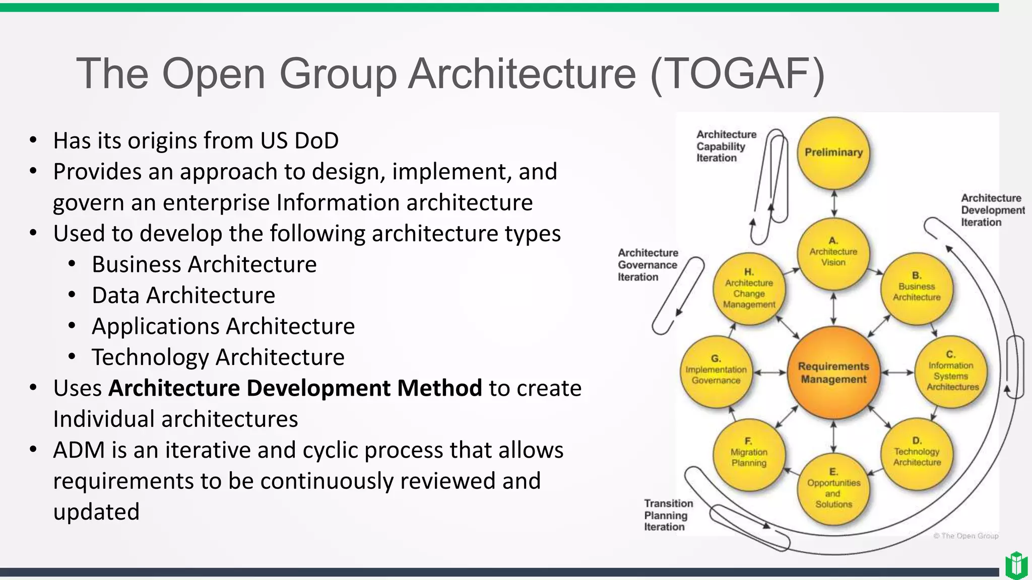 The Open Group Architecture (TOGAF)
• Has its origins from US DoD
• Provides an approach to design, implement, and
govern an enterprise Information architecture
• Used to develop the following architecture types
• Business Architecture
• Data Architecture
• Applications Architecture
• Technology Architecture
• Uses Architecture Development Method to create
Individual architectures
• ADM is an iterative and cyclic process that allows
requirements to be continuously reviewed and
updated
 