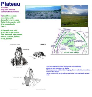 PlateauWeather:long cold winterscomfortable summers Natural Resources:mountains with dense forests in areasflatter in the center with drier grass landsriversdriftwood, mud, dirt,grass and sage brushfish, antelope, deer, seedsonions, carrots, camas roots, salmonTools: woven baskets, willow digging sticks, wooden fishing platforms, nets, and spears for salmonClothing: antelope and deer hides leggings, dresses and skirts, woven hats, seed and shell designsShelter: near rivers, partly under ground out of driftwood, mud, sap, and reeds