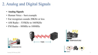 2. Analog and Digital Signals
• Analog Signals
• Human Voice – best example
• Ear recognises sounds 20KHz or less
• AM Radio – 535KHz to 1605KHz
• FM Radio – 88MHz to 108MHz
5
Sunday, 04 February 2024
 
