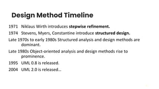 32
Design Method Timeline
1971 Niklaus Wirth introduces stepwise refinement.
1974 Stevens, Myers, Constantine introduce structured design.
Late 1970s to early 1980s Structured analysis and design methods are
dominant.
Late 1980s Object-oriented analysis and design methods rise to
prominence.
1995 UML 0.8 is released.
2004 UML 2.0 is released…
 
