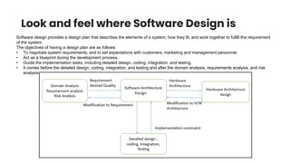 Look and feel where Software Design is
Software design provides a design plan that describes the elements of a system, how they fit, and work together to fulfill the requirement
of the system.
The objectives of having a design plan are as follows:
• To negotiate system requirements, and to set expectations with customers, marketing and management personnel.
• Act as a blueprint during the development process.
• Guide the implementation tasks, including detailed design, coding, integration, and testing.
• It comes before the detailed design, coding, integration, and testing and after the domain analysis, requirements analysis, and risk
analysis.
 