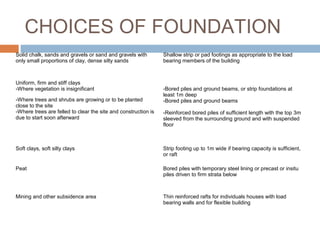 CHOICES OF FOUNDATION
Solid chalk, sands and gravels or sand and gravels with
only small proportions of clay, dense silty sands

Uniform, firm and stiff clays
-Where vegetation is insignificant
-Where trees and shrubs are growing or to be planted
close to the site
-Where trees are felled to clear the site and construction is
due to start soon afterward

Shallow strip or pad footings as appropriate to the load
bearing members of the building

-Bored piles and ground beams, or strip foundations at
least 1m deep
-Bored piles and ground beams
-Reinforced bored piles of sufficient length with the top 3m
sleeved from the surrounding ground and with suspended
floor

Soft clays, soft silty clays

Strip footing up to 1m wide if bearing capacity is sufficient,
or raft

Peat

Bored piles with temporary steel lining or precast or insitu
piles driven to firm strata below

Mining and other subsidence area

Thin reinforced rafts for individuals houses with load
bearing walls and for flexible building

 