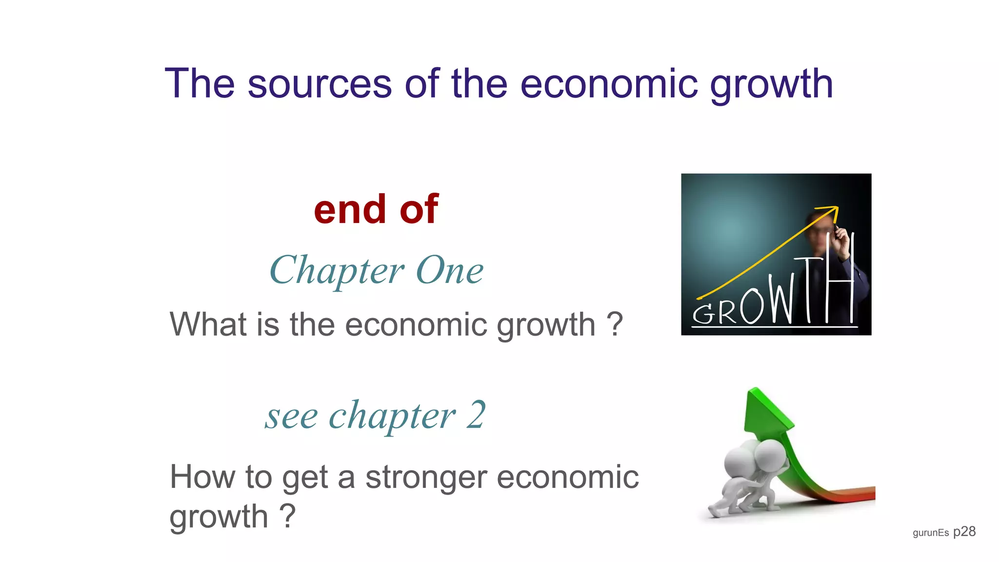 The sources of the economic growth
What is the economic growth ?
gurunEs p28
Chapter One
end of
How to get a stronger economic
growth ?
see chapter 2
 