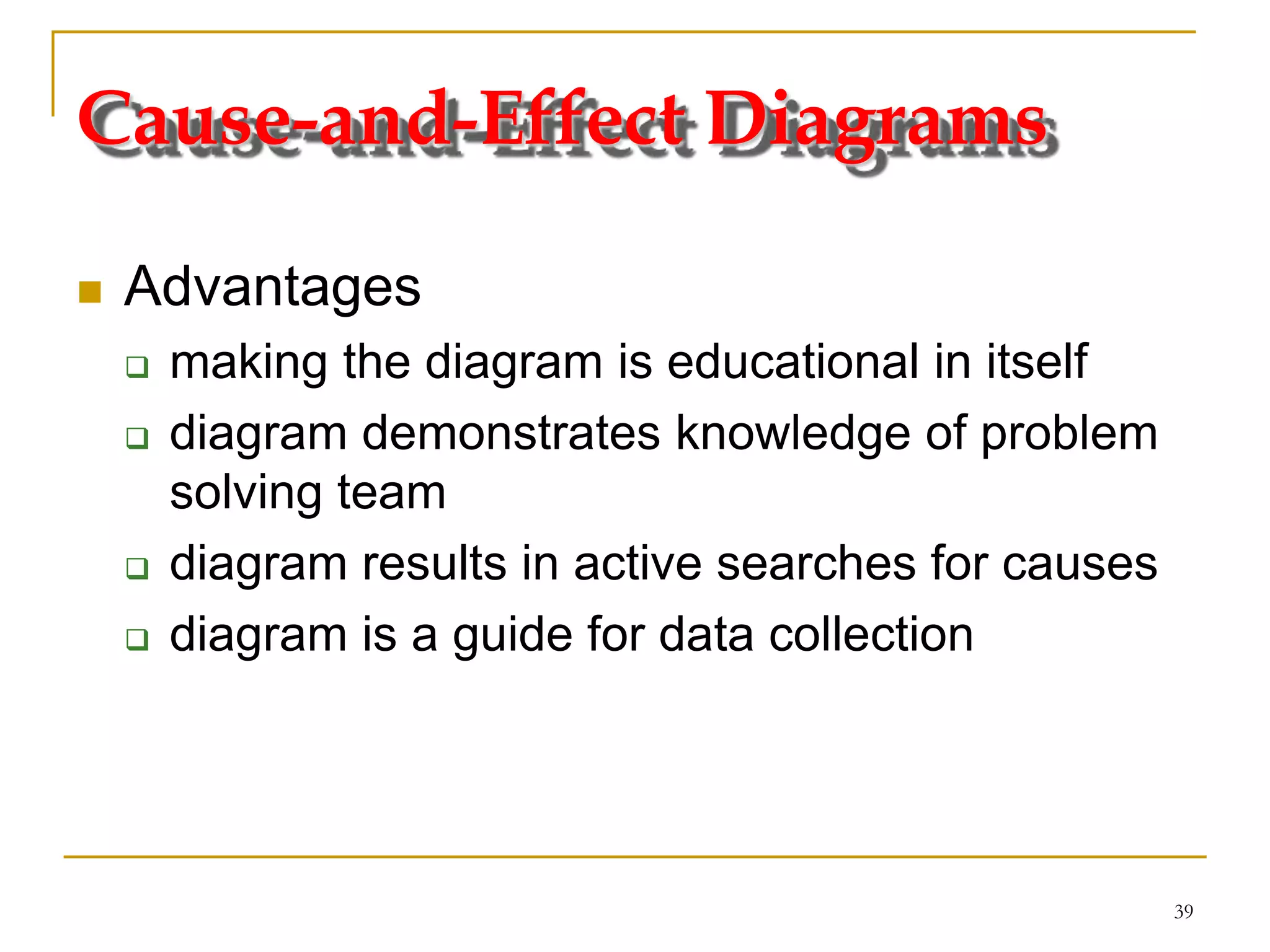 39
Cause-and-Effect Diagrams
 Advantages
 making the diagram is educational in itself
 diagram demonstrates knowledge of problem
solving team
 diagram results in active searches for causes
 diagram is a guide for data collection
 