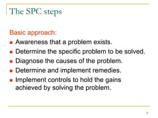 21
The SPC steps
Basic approach:
 Awareness that a problem exists.
 Determine the specific problem to be solved.
 Diagnose the causes of the problem.
 Determine and implement remedies.
 Implement controls to hold the gains
achieved by solving the problem.
 