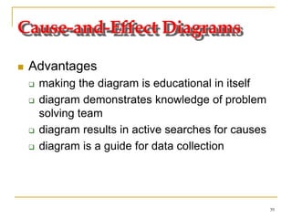 39
Cause-and-Effect Diagrams
 Advantages
 making the diagram is educational in itself
 diagram demonstrates knowledge of problem
solving team
 diagram results in active searches for causes
 diagram is a guide for data collection
 