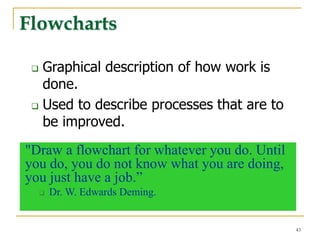 43
Flowcharts
 Graphical description of how work is
done.
 Used to describe processes that are to
be improved.
"Draw a flowchart for whatever you do. Until
you do, you do not know what you are doing,
you just have a job.”
 Dr. W. Edwards Deming.
 