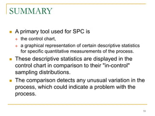 55
SUMMARY
 A primary tool used for SPC is
 the control chart,
 a graphical representation of certain descriptive statistics
for specific quantitative measurements of the process.
 These descriptive statistics are displayed in the
control chart in comparison to their "in-control"
sampling distributions.
 The comparison detects any unusual variation in the
process, which could indicate a problem with the
process.
 