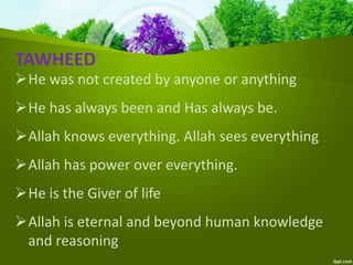 He was not created by anyone or anything
He has always been and Has always be.
Allah knows everything. Allah sees everything
Allah has power over everything.
He is the Giver of life
Allah is eternal and beyond human knowledge
and reasoning
TAWHEED
 