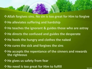 Allah forgives sins. No sin is too great for Him to forgive
He alleviates suffering and hardship
He teaches the ignorant & guides those who are astray
He directs the confused and guides the desperate
He feeds the hungry and clothes the naked
He cures the sick and forgives the sins
He accepts the repentance of the sinners and rewards
the righteous
He gives us safety from fear
No need is too great for Him to fulfill
 