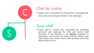 Chef de cuisine
• highest rank, responsible for all operations, developing the
menu items and setting the kitchen’s tone and tempo.
Sous-chef
• Under chef or second chef, responsible for scheduling
personnel and replacing the chef and station chefs
necessary. It also function as the aboyeur (expediter or
announcer), who accepts the orders from the dining room,
relays them to the various station chefs and then reviews the
dishes before service.
C
S
 