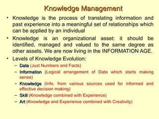 Knowledge Management
• Knowledge is the process of translating information and
  past experience into a meaningful set of relationships which
  can be applied by an individual
• Knowledge is an organizational asset: it should be
  identified, managed and valued to the same degree as
  other assets. We are now living in the INFORMATION AGE.
• Levels of Knowledge Evolution:
   – Data (Just Numbers and Facts)
   – Information (Logical arrangement of Data which starts making
     sense)
   – Knowledge (Info. from various sources used for informed and
     effective decision making)
   – Skill (Knowledge combined with Experience)
   – Art (Knowledge and Experience combined with Creativity)
 