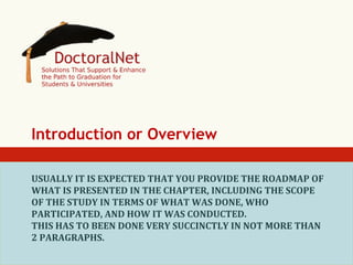 Introduction or Overview
USUALLY	
  IT	
  IS	
  EXPECTED	
  THAT	
  YOU	
  PROVIDE	
  THE	
  ROADMAP	
  OF	
  
WHAT	
  IS	
  PRESENTED	
  IN	
  THE	
  CHAPTER,	
  INCLUDING	
  THE	
  SCOPE	
  
OF	
  THE	
  STUDY	
  IN	
  TERMS	
  OF	
  WHAT	
  WAS	
  DONE,	
  WHO	
  
PARTICIPATED,	
  AND	
  HOW	
  IT	
  WAS	
  CONDUCTED.	
  
THIS	
  HAS	
  TO	
  BEEN	
  DONE	
  VERY	
  SUCCINCTLY	
  IN	
  NOT	
  MORE	
  THAN	
  
2	
  PARAGRAPHS.	
  

 