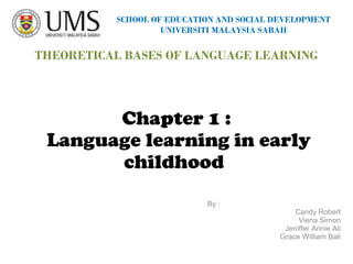 By :
Candy Robert
Viena Simon
Jeniffer Annie Ali
Grace William Bali
Chapter 1 :
Language learning in early
childhood
THEORETICAL BASES OF LANGUAGE LEARNING
SCHOOL OF EDUCATION AND SOCIAL DEVELOPMENT
UNIVERSITI MALAYSIA SABAH
 