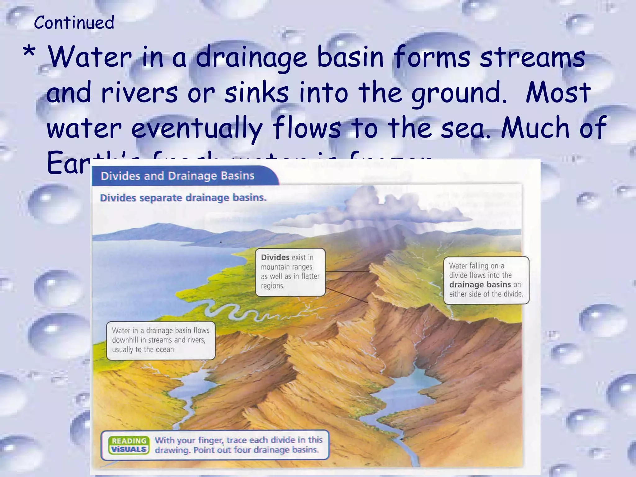 Continued Water in a drainage basin forms streams and rivers or sinks into the ground.  Most water eventually flows to the sea. Much of Earth’s fresh water is frozen. 