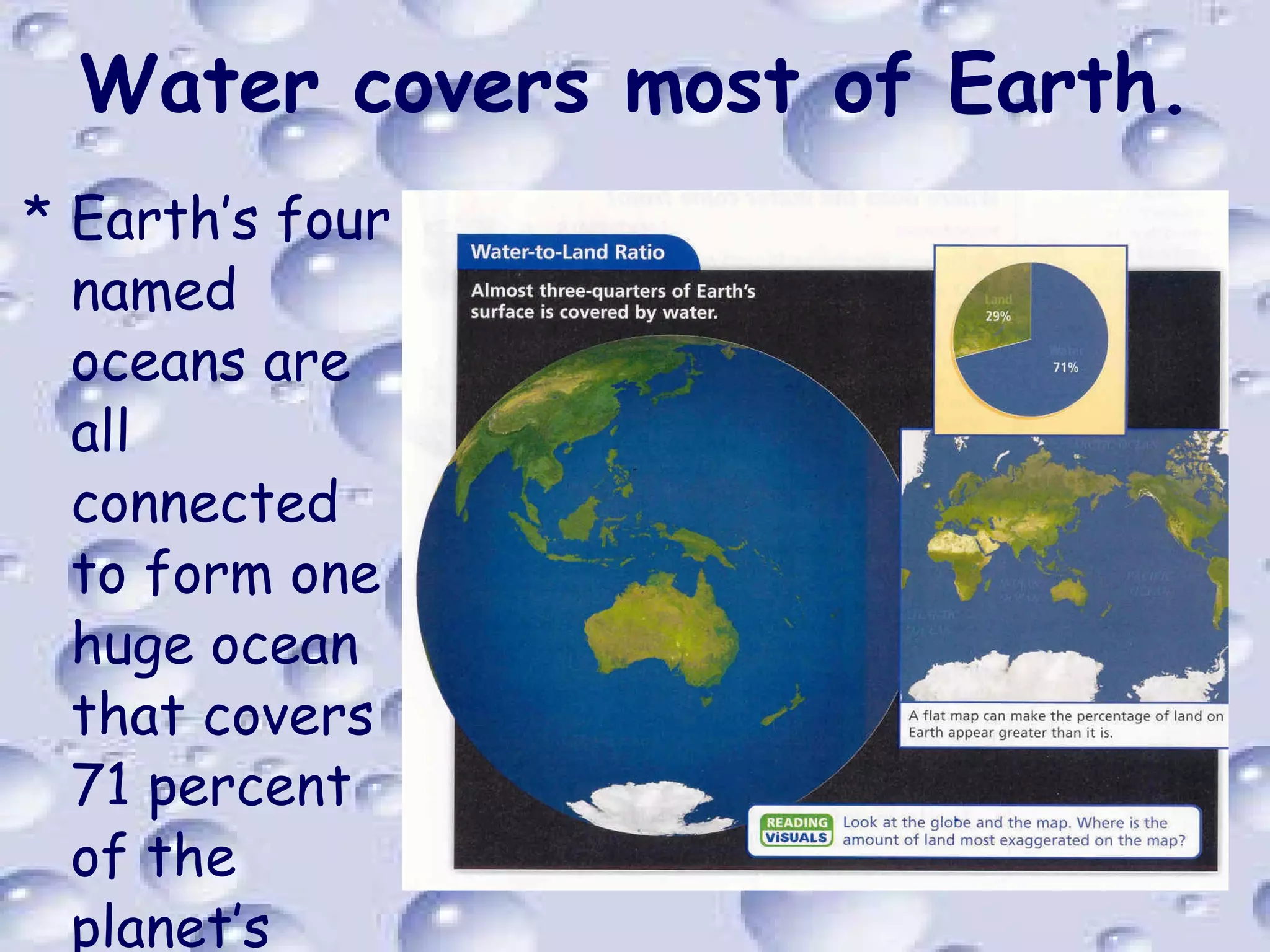 Water covers most of Earth. Earth’s four named oceans are all connected to form one huge ocean that covers 71 percent of the planet’s surface. 
