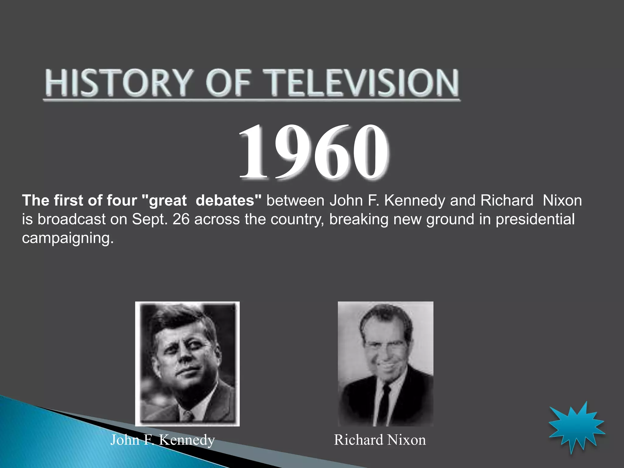 1960 
The first of four "great debates" between John F. Kennedy and Richard Nixon 
is broadcast on Sept. 26 across the country, breaking new ground in presidential 
campaigning. 
John F. Kennedy Richard Nixon 
 