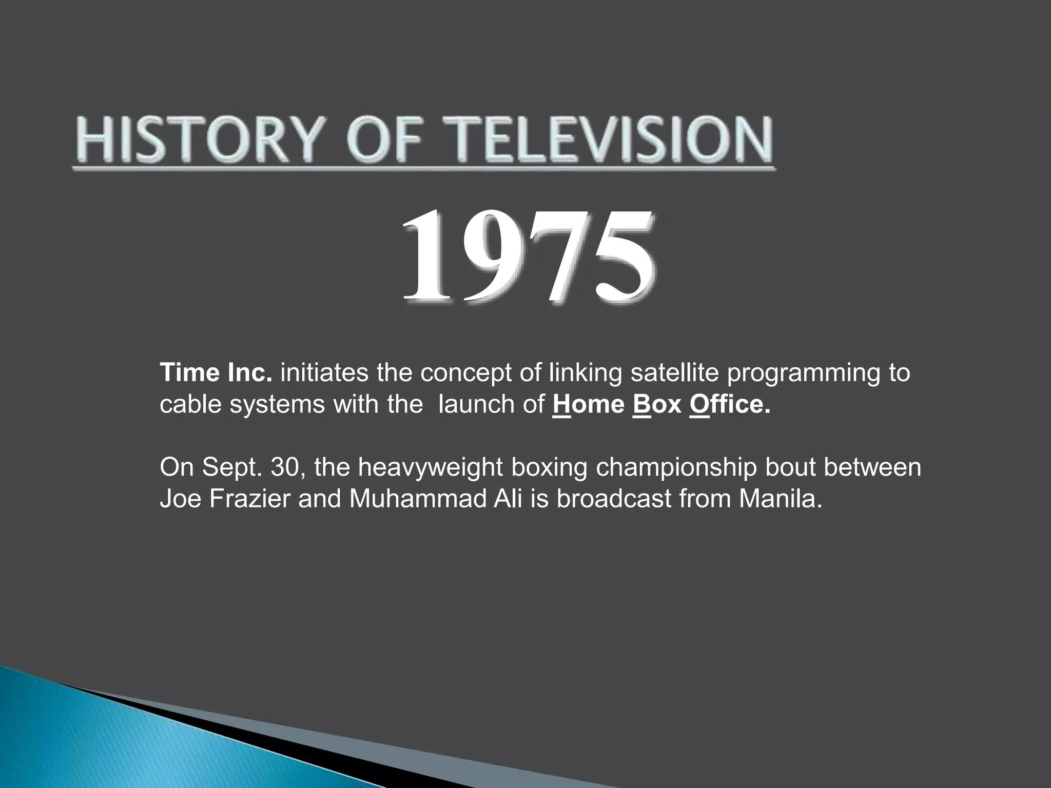 1975 
Time Inc. initiates the concept of linking satellite programming to 
cable systems with the launch of Home Box Office. 
On Sept. 30, the heavyweight boxing championship bout between 
Joe Frazier and Muhammad Ali is broadcast from Manila. 
 