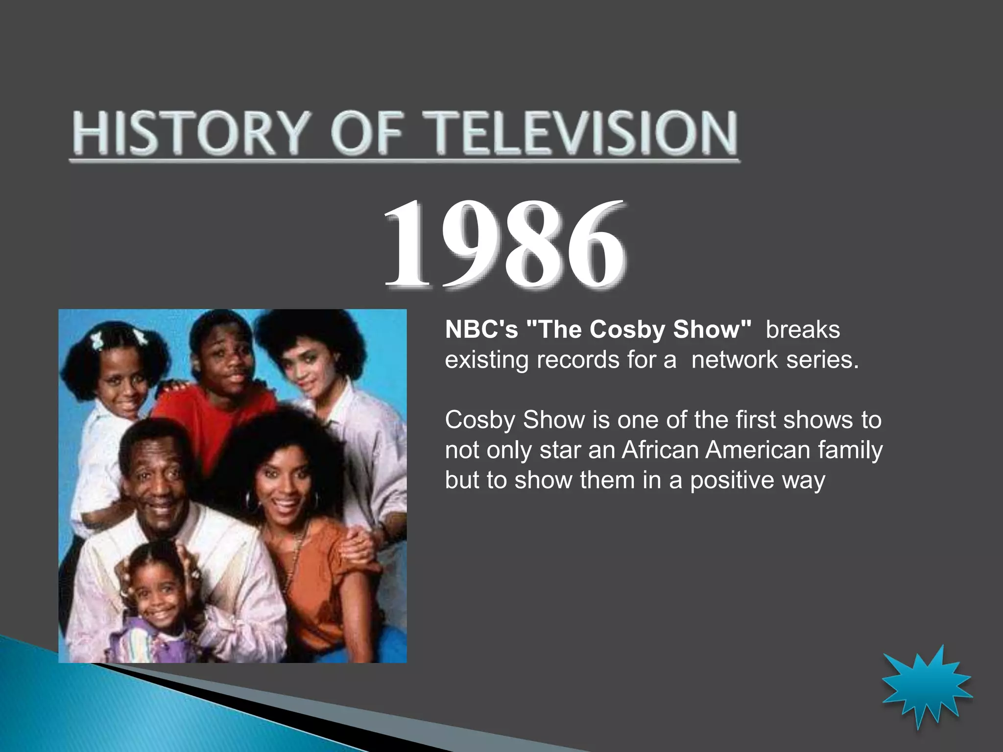 1986 
NBC's "The Cosby Show" breaks 
existing records for a network series. 
Cosby Show is one of the first shows to 
not only star an African American family 
but to show them in a positive way 
 