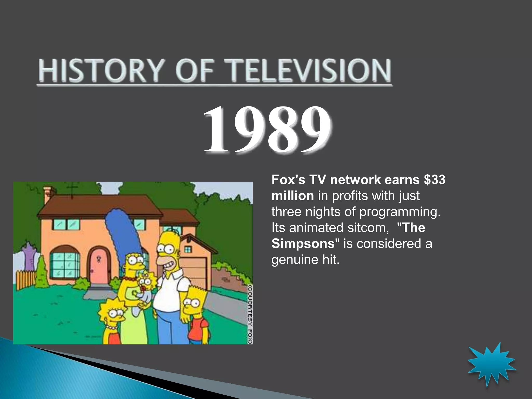 1989 
Fox's TV network earns $33 
million in profits with just 
three nights of programming. 
Its animated sitcom, "The 
Simpsons" is considered a 
genuine hit. 
 