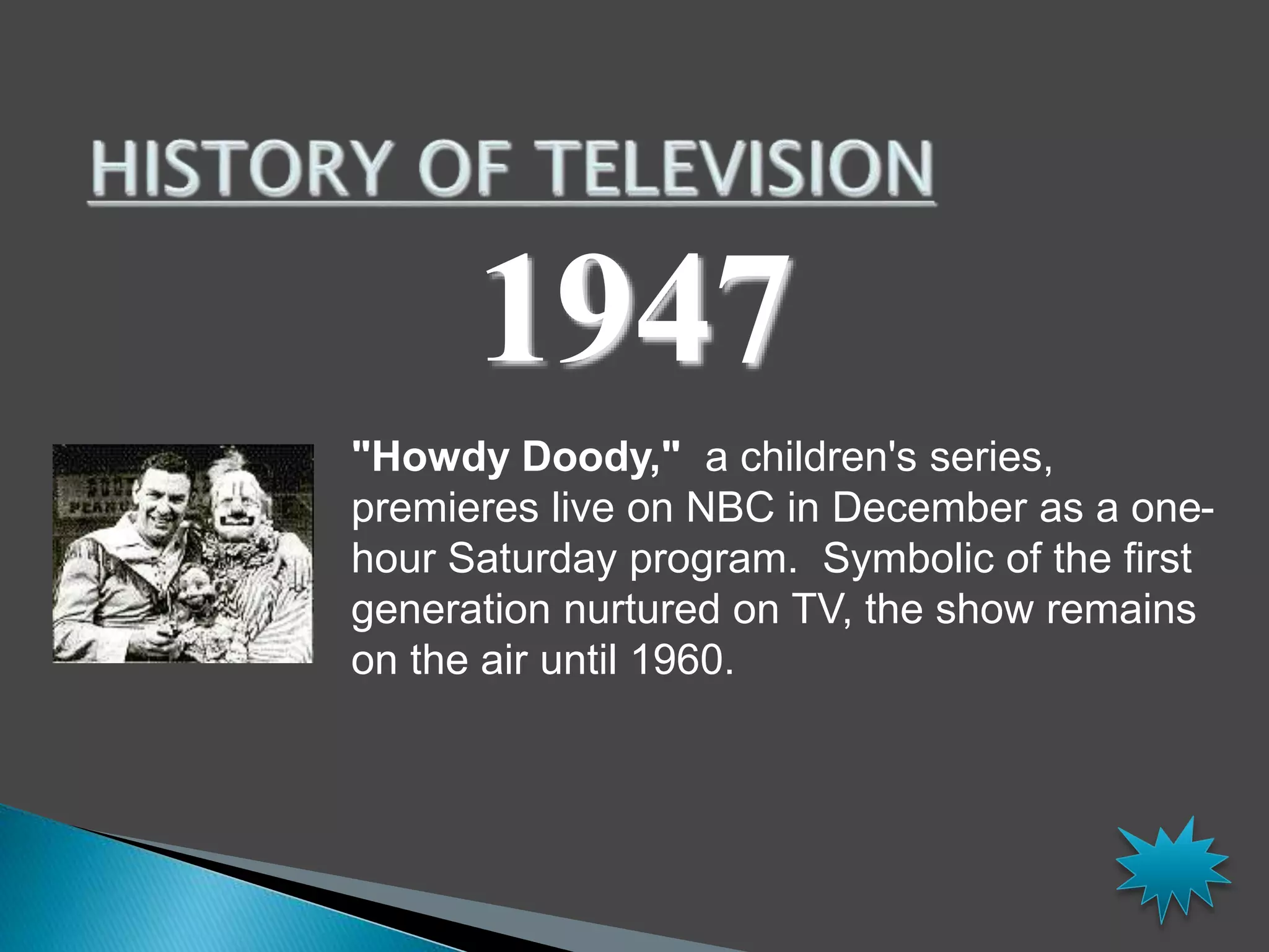 1947 
"Howdy Doody," a children's series, 
premieres live on NBC in December as a one-hour 
Saturday program. Symbolic of the first 
generation nurtured on TV, the show remains 
on the air until 1960. 
 
