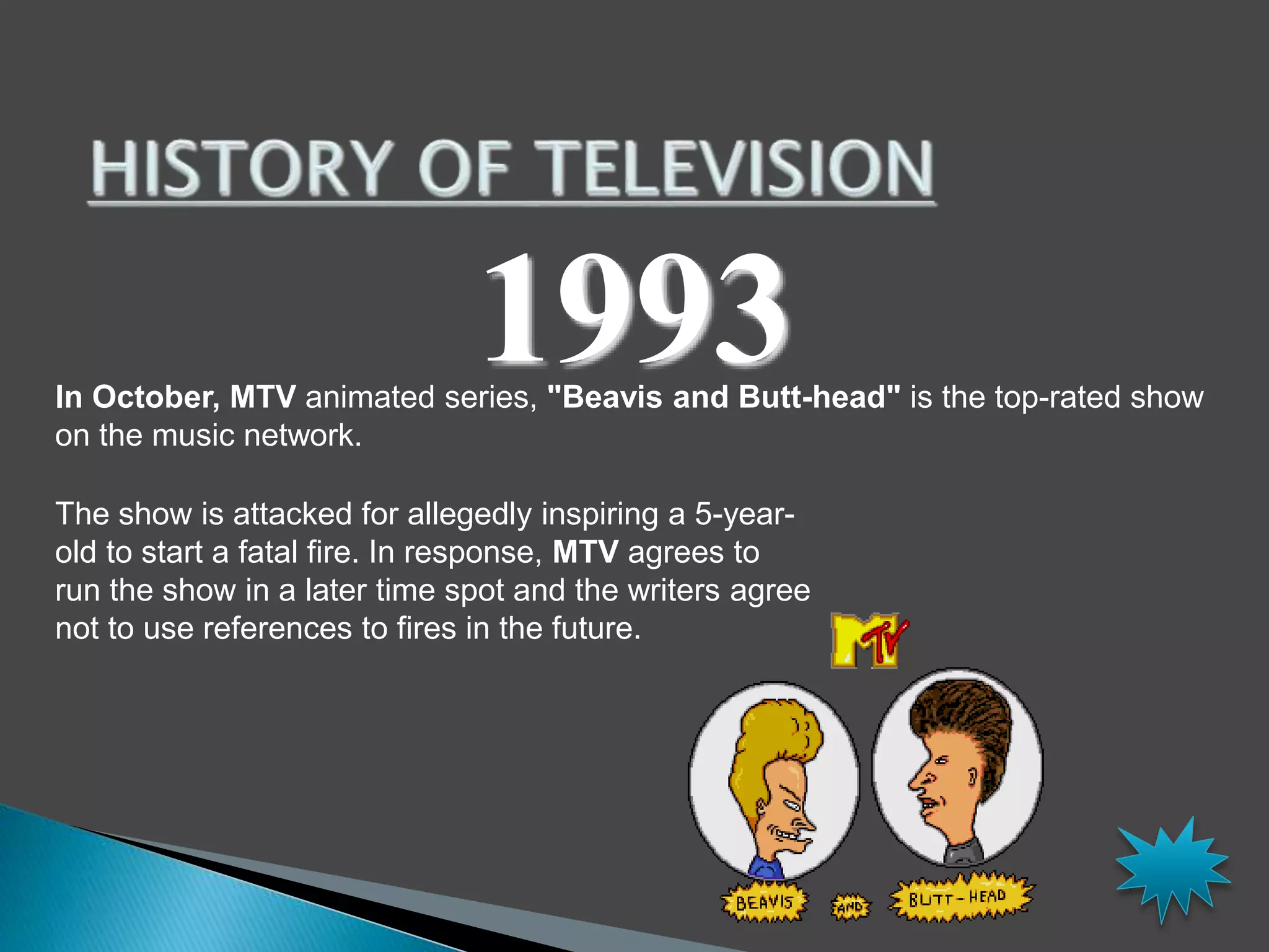 1993 
In October, MTV animated series, "Beavis and Butt-head" is the top-rated show 
on the music network. 
The show is attacked for allegedly inspiring a 5-year-old 
to start a fatal fire. In response, MTV agrees to 
run the show in a later time spot and the writers agree 
not to use references to fires in the future. 
 