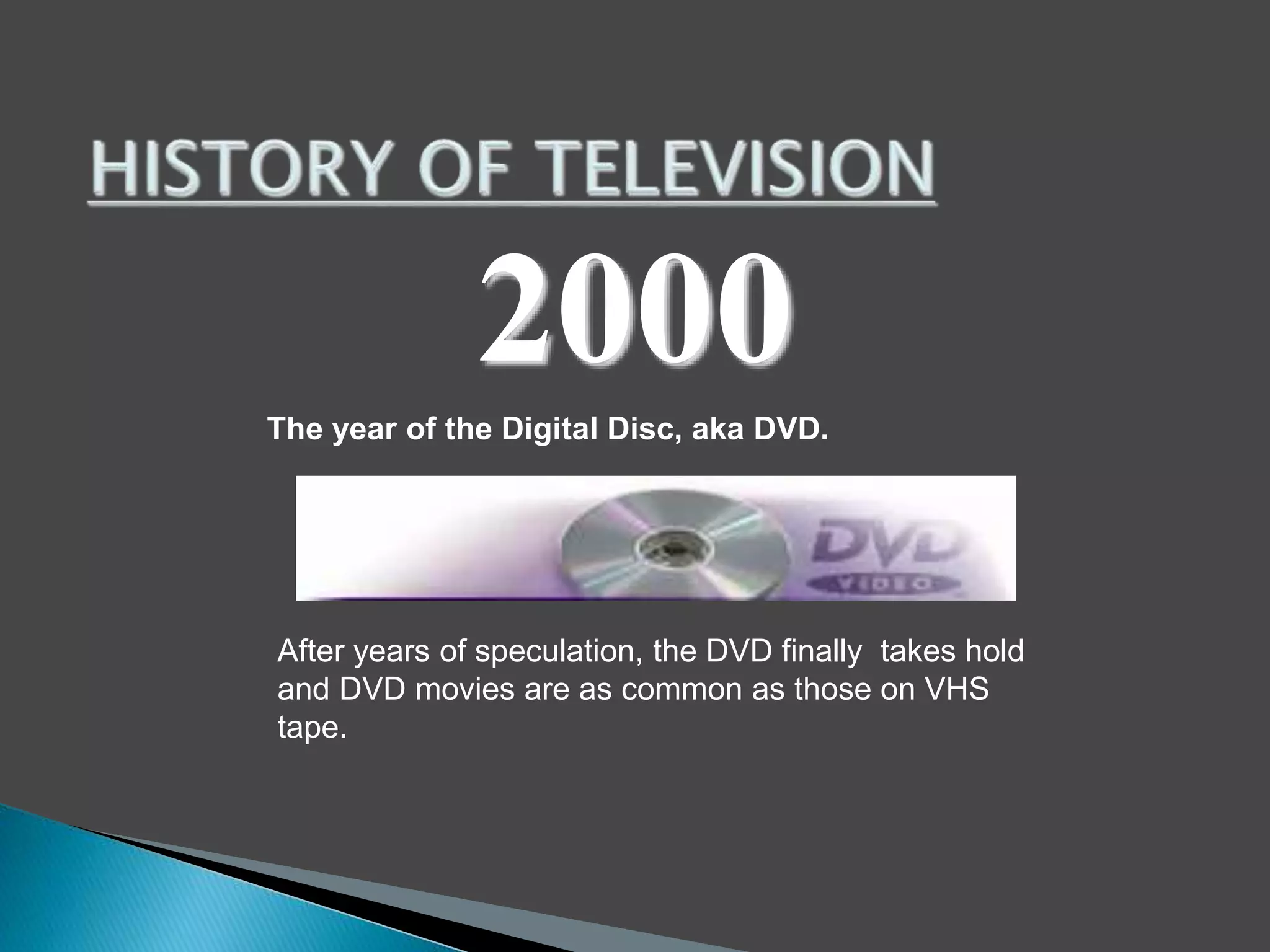 2000 
The year of the Digital Disc, aka DVD. 
After years of speculation, the DVD finally takes hold 
and DVD movies are as common as those on VHS 
tape. 
 