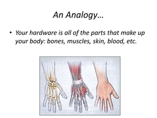 An Analogy…
• Your hardware is all of the parts that make up
your body: bones, muscles, skin, blood, etc.
 