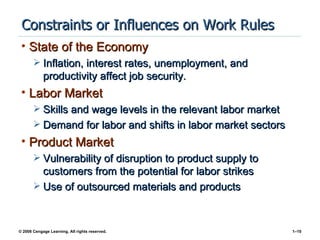 Constraints or Influences on Work Rules
 • State of the Economy
        Inflation, interest rates, unemployment, and
            productivity affect job security.
 • Labor Market
        Skills and wage levels in the relevant labor market
        Demand for labor and shifts in labor market sectors
 • Product Market
        Vulnerability of disruption to product supply to
         customers from the potential for labor strikes
        Use of outsourced materials and products



© 2008 Cengage Learning. All rights reserved.                  1–10
 