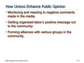 How Unions Enhance Public Opinion
 • Monitoring and reacting to negative comments
   made in the media.
 • Getting organized labor’s positive message out
   to the community.
 • Forming alliances with various groups in the
   community.




© 2008 Cengage Learning. All rights reserved.       1–13
 