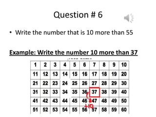 Question # 6
• Write the number that is 10 more than 55
Example: Write the number 10 more than 37
 