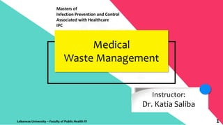 Dr.
Katia
Dr.
Katia
Medical
Waste Management
1
Instructor:
Dr. Katia Saliba
Masters of
Infection Prevention and Control
Associated with Healthcare
IPC
Lebanese University – Faculty of Public Health IV
 