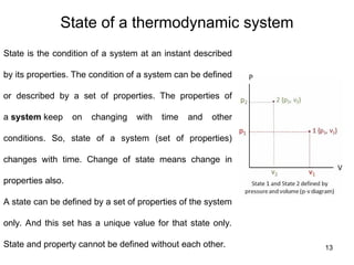 State of a thermodynamic system
13
State is the condition of a system at an instant described
by its properties. The condition of a system can be defined
or described by a set of properties. The properties of
a system keep on changing with time and other
conditions. So, state of a system (set of properties)
changes with time. Change of state means change in
properties also.
A state can be defined by a set of properties of the system
only. And this set has a unique value for that state only.
State and property cannot be defined without each other.
 