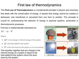 First law of thermodynamics
21
The First Law of Thermodynamics is a fundamental principle in physics and chemistry
that deals with the conservation of energy. It asserts that energy cannot be created or
destroyed, only transferred or converted from one form to another. This principle is
crucial for understanding the behavior of energy in physical systems, particularly in
thermodynamic processes.
First law is mathematically expressed as:
This equation signifies that any change in the
internal energy of a system is equal to the
heat added to the system minus the work
done by the system.
 