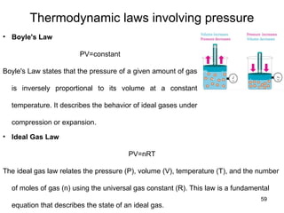 59
Thermodynamic laws involving pressure
• Ideal Gas Law
PV=nRT
The ideal gas law relates the pressure (P), volume (V), temperature (T), and the number
of moles of gas (n) using the universal gas constant (R). This law is a fundamental
equation that describes the state of an ideal gas.
• Boyle's Law
PV=constant
Boyle's Law states that the pressure of a given amount of gas
is inversely proportional to its volume at a constant
temperature. It describes the behavior of ideal gases under
compression or expansion.
 