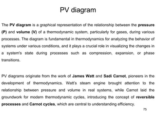 75
PV diagram
The PV diagram is a graphical representation of the relationship between the pressure
(P) and volume (V) of a thermodynamic system, particularly for gases, during various
processes. The diagram is fundamental in thermodynamics for analyzing the behavior of
systems under various conditions, and it plays a crucial role in visualizing the changes in
a system's state during processes such as compression, expansion, or phase
transitions.
PV diagrams originate from the work of James Watt and Sadi Carnot, pioneers in the
development of thermodynamics. Watt’s steam engine brought attention to the
relationship between pressure and volume in real systems, while Carnot laid the
groundwork for modern thermodynamic cycles, introducing the concept of reversible
processes and Carnot cycles, which are central to understanding efficiency.
 