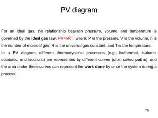 76
PV diagram
For an ideal gas, the relationship between pressure, volume, and temperature is
governed by the ideal gas law: PV=nRT, where: P is the pressure, V is the volume, n is
the number of moles of gas, R is the universal gas constant, and T is the temperature.
In a PV diagram, different thermodynamic processes (e.g., isothermal, isobaric,
adiabatic, and isochoric) are represented by different curves (often called paths), and
the area under these curves can represent the work done by or on the system during a
process.
 