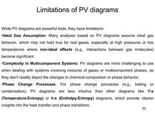 80
Limitations of PV diagrams
While PV diagrams are powerful tools, they have limitations:
•Ideal Gas Assumption: Many analyses based on PV diagrams assume ideal gas
behavior, which may not hold true for real gases, especially at high pressures or low
temperatures where non-ideal effects (e.g., interactions between gas molecules)
become significant.
•Complexity in Multicomponent Systems: PV diagrams are more challenging to use
when dealing with systems involving mixtures of gases or multicomponent phases, as
they don't readily depict the changes in chemical composition or phase behavior.
•Phase Change Processes: For phase change processes (e.g., boiling or
condensation), PV diagrams are less intuitive than other diagrams like T-s
(Temperature-Entropy) or h-s (Enthalpy-Entropy) diagrams, which provide clearer
insights into the heat transfer and phase transitions.
 