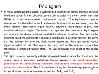 87
TV diagram
• In many thermodynamic cycles, a working fluid experiences phase changes between
liquid and vapour in the subcritical zone, such as water in a steam power plant and
R134a in a vapour-compression refrigeration system. The liquid-vapour phase
change can be illustrated in the T−v diagram. In diagrams, we can clearly see the
three regions: compressed liquid region, saturated liquid-vapour region, and
superheated vapour region. The curve that separates the compressed liquid region
and saturated liquid-vapour region is called the saturated liquid line. Any point on the
saturated liquid line represents a saturated liquid state. In a similar fashion, the curve
that lies between the saturated liquid-vapour region and the superheated vapour
region is called the saturated vapour line. Any point on the saturated vapour line
represents a saturated vapour state. The two saturation lines meet at the critical
point.
• The liquid state is commonly called compressed liquid or subcooled liquid, and the
vapour state is commonly called superheated vapour. In the liquid-vapour, two-
phase region, the corresponding isothermal and isobaric processes coincide and
remain as horizontal lines. This indicates that, during the phase change process, both
temperature and pressure remain constant, i.e., T=Tsat and P=Psat.
 