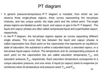 92
PT diagram
• A generic pressure-temperature, P−T diagram is included, from which we can
observe three single-phase regions, three curves representing the two-phase
mixtures, and two unique points: the triple point and the critical point. The single
phase regions are labeled as solid, liquid, and vapour or gas in the P−T diagram. The
liquid and vapour phases are often called compressed liquid and superheated vapour,
respectively.
• In the P−T diagram, the two-phase regions appear as curves separating different
single phases. The curve that lies between the liquid and vapour phases is
called vaporization line. Each point on the vaporization line represents an equilibrium
state of saturation; the substance is either a saturated liquid, a saturated vapour, or a
two-phase liquid-vapour mixture. The temperature and its corresponding pressure at
each point on the vaporization line are called saturation temperature, Tsat, and
saturation pressure, Psat, respectively. Each saturation temperature corresponds to a
unique saturation pressure, and vice versa. A liquid (or vapour) starts to evaporate (or
condense) when its temperature and pressure reach Tsat and Psat.
 