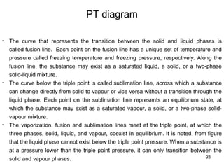 93
PT diagram
• The curve that represents the transition between the solid and liquid phases is
called fusion line. Each point on the fusion line has a unique set of temperature and
pressure called freezing temperature and freezing pressure, respectively. Along the
fusion line, the substance may exist as a saturated liquid, a solid, or a two-phase
solid-liquid mixture.
• The curve below the triple point is called sublimation line, across which a substance
can change directly from solid to vapour or vice versa without a transition through the
liquid phase. Each point on the sublimation line represents an equilibrium state, at
which the substance may exist as a saturated vapour, a solid, or a two-phase solid-
vapour mixture.
• The vaporization, fusion and sublimation lines meet at the triple point, at which the
three phases, solid, liquid, and vapour, coexist in equilibrium. It is noted, from figure
that the liquid phase cannot exist below the triple point pressure. When a substance is
at a pressure lower than the triple point pressure, it can only transition between the
solid and vapour phases.
 