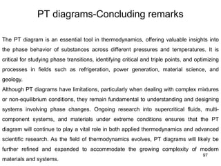 97
PT diagrams-Concluding remarks
The PT diagram is an essential tool in thermodynamics, offering valuable insights into
the phase behavior of substances across different pressures and temperatures. It is
critical for studying phase transitions, identifying critical and triple points, and optimizing
processes in fields such as refrigeration, power generation, material science, and
geology.
Although PT diagrams have limitations, particularly when dealing with complex mixtures
or non-equilibrium conditions, they remain fundamental to understanding and designing
systems involving phase changes. Ongoing research into supercritical fluids, multi-
component systems, and materials under extreme conditions ensures that the PT
diagram will continue to play a vital role in both applied thermodynamics and advanced
scientific research. As the field of thermodynamics evolves, PT diagrams will likely be
further refined and expanded to accommodate the growing complexity of modern
materials and systems.
 