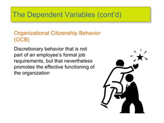 The Dependent Variables (cont’d)
Organizational Citizenship Behavior
(OCB)
Discretionary behavior that is not
part of an employee’s formal job
requirements, but that nevertheless
promotes the effective functioning of
the organization
 